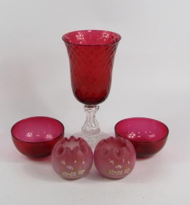 A Victorian cranberry and cut clear glass celery vase