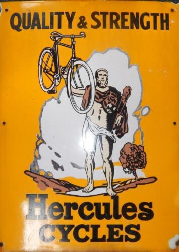 A Hercules Cycles Quality & Strength enamel sign