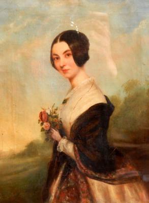 English School (early 19thC). Half length portrait of a lady holding a bouquet of flowers