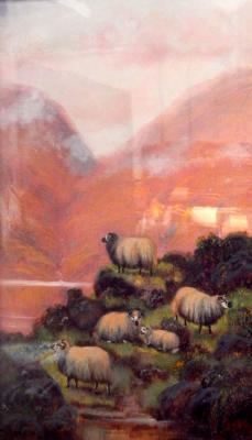 John Fox. Cattle and sheep in a Highland landscape