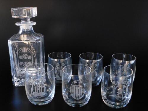 A cut glass whiskey decanter decorated after Charles Rennie Mackintosh