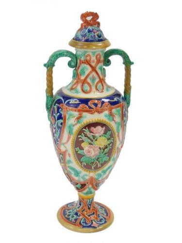 A Copeland late 19thC majolica twin handled vase