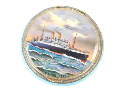 A painted and turquoise blue guilloche enamel circular powder box