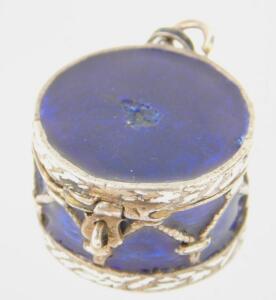 A late 19th or early 20thC silver blue and white enamel pill box charm in the form of a drum - 2