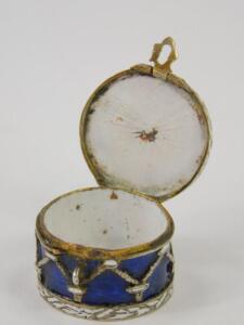 A late 19th or early 20thC silver blue and white enamel pill box charm in the form of a drum - 3