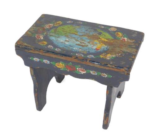 An early 20thC painted bargeware three plank stool