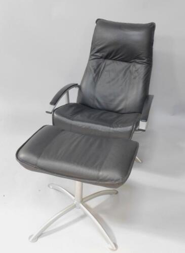 A lacquered metal and black leather reclining armchair