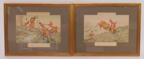 English School (19thC). Hunting; Doing a Strong Timber Fence; Topping a Stone Wall
