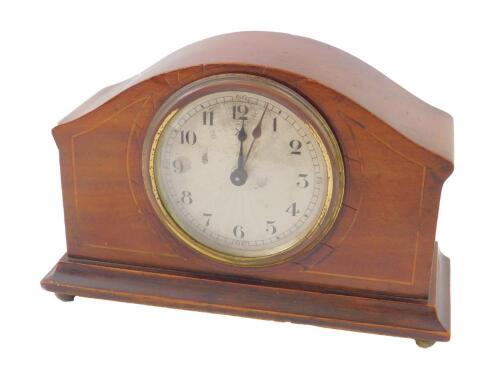 An Edwardian mahogany and boxwood line inlaid mantel clock