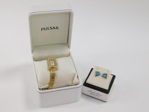 A pair of Nicol Barr silver and turquoise guiloche enamel earrings
