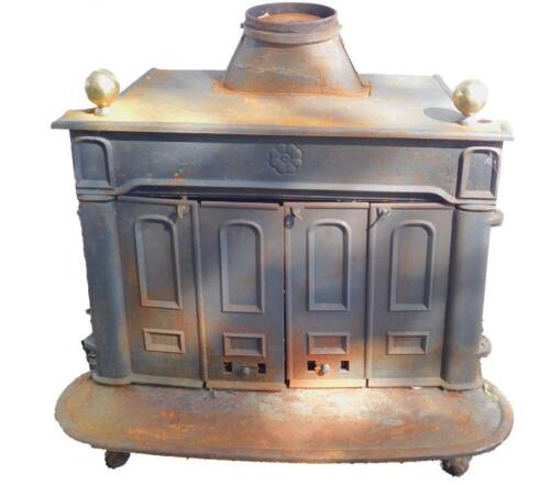 A cast iron wood burning stove