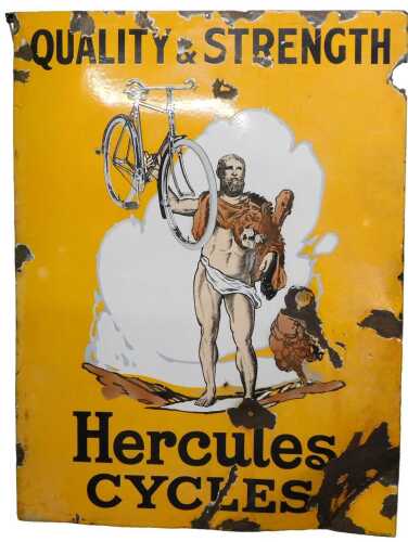 A Hercules CYCLES QUALITY & STRENGTH enamel advertising sign, orange ground, 122cm x 91cm. (AF)