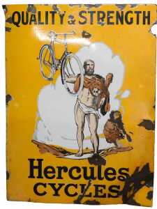 A Hercules CYCLES QUALITY & STRENGTH enamel advertising sign, orange ground, 122cm x 91cm. (AF)