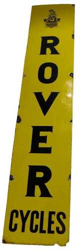 A ROVER CYCLES enamel advertising sign, marked Rover and Everest Product, yellow ground, 153cm x...