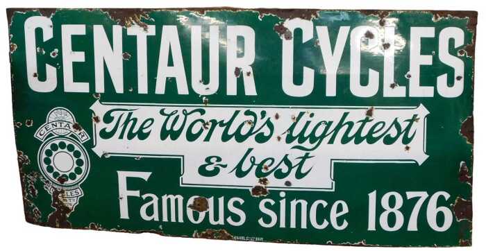 A CENTAUR CYCLES enamel advertising sign, The World's lightest & best Famous since 1876, green...