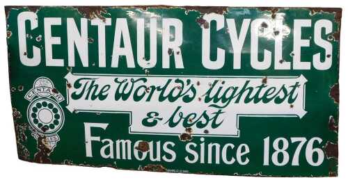 A CENTAUR CYCLES enamel advertising sign, The World's lightest & best Famous since 1876, green...