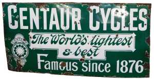 A CENTAUR CYCLES enamel advertising sign, The World's lightest & best Famous since 1876, green...