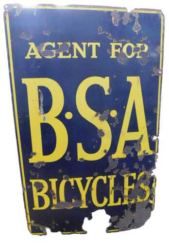A B.S.A CYCLES enamel advertising sign, AGENT FOR, blue ground with yellow lettering, 111cm x...
