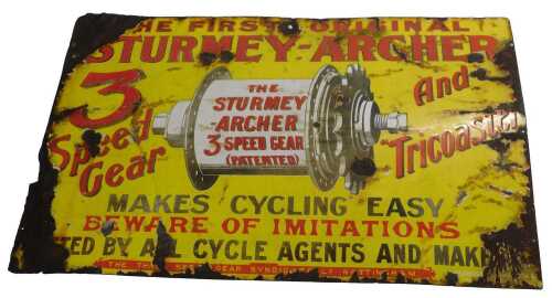 A STURMEY-ARCHER enamel advertising sign, THE FIRST ORIGINAL STURMEY- ARCHER MAKES CYCLING EASY,...