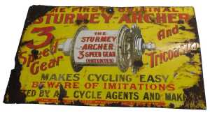 A STURMEY-ARCHER enamel advertising sign, THE FIRST ORIGINAL STURMEY- ARCHER MAKES CYCLING EASY,...