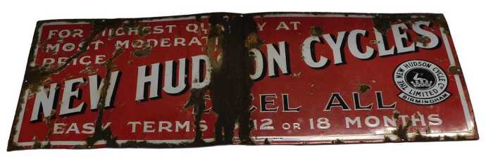 A NEW HUDSON CYCLES enamel advertising sign, FOR HIGHEST QUALITY AT MOST MODERATE PRICE, red...