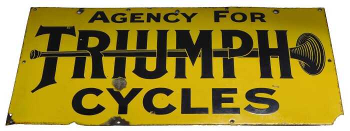 A TRIUMPH CYCLES enamel advertising sign, AGENCY FOR TRIUMPH CYCLES, yellow ground with black...