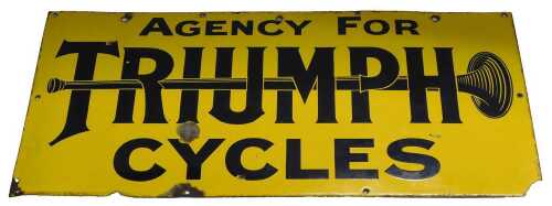 A TRIUMPH CYCLES enamel advertising sign, AGENCY FOR TRIUMPH CYCLES, yellow ground with black...