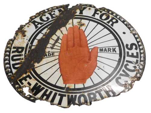 A RUDGE-WHITWORTH CYCLES enamel advertising sign, circular with central red hand, white ground...