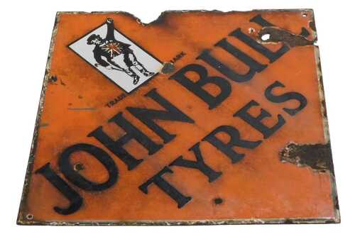 A JOHN BULL TYRES enamel advertising sign, orange ground, double-sided, 52cm x 51cm. (AF)