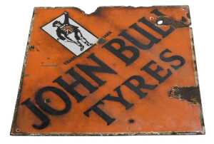 A JOHN BULL TYRES enamel advertising sign, orange ground, double-sided, 52cm x 51cm. (AF)