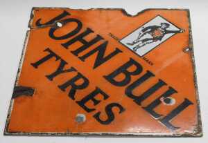 A JOHN BULL TYRES enamel advertising sign, orange ground, double-sided, 52cm x 51cm. (AF) - 3