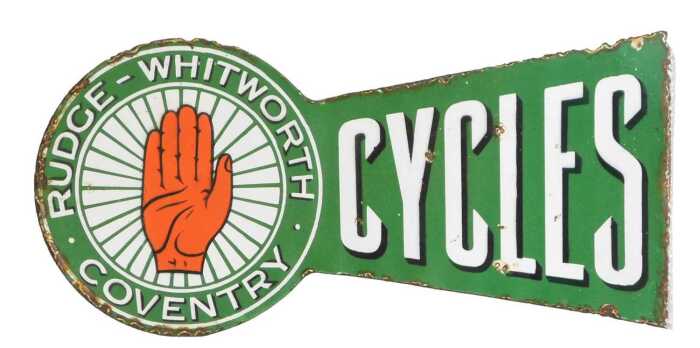 A RUDGE-WHITWORTH COVENTRY CYCLES enamel advertising sign, green ground with white lettering,...