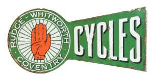 A RUDGE-WHITWORTH COVENTRY CYCLES enamel advertising sign, green ground with white lettering,...