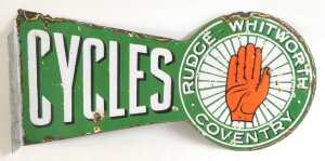 A RUDGE-WHITWORTH COVENTRY CYCLES enamel advertising sign, green ground with white lettering,... - 3