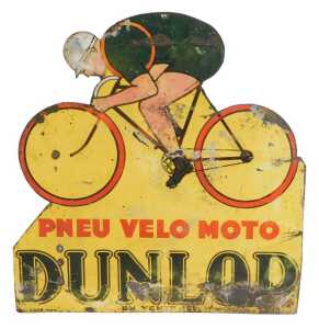 A DUNLOP painted advertising sign, PNEU VELO, depicting a cyclist on yellow ground, double-sided,...