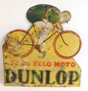 A DUNLOP painted advertising sign, PNEU VELO, depicting a cyclist on yellow ground, double-sided,... - 3