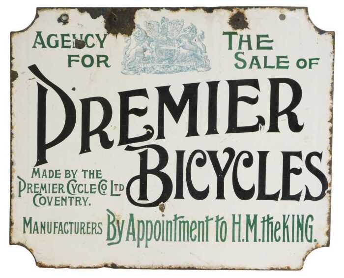 A PREMIER BICYCLES enamel advertising sign, AGENCY FOR THE SALE OF PREMIER CYCLES by Appointment...