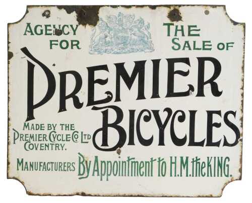 A PREMIER BICYCLES enamel advertising sign, AGENCY FOR THE SALE OF PREMIER CYCLES by Appointment...