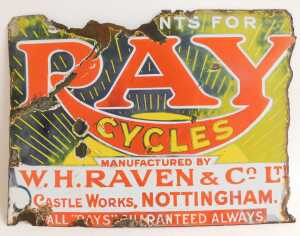 A RAY CYCLES enamel advertising sign, MANUFACTURED BY W.H. RAVEN & CO LTD, CASTLE WORKS,... - 3
