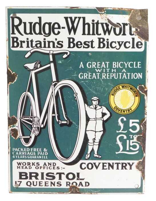 A Rudge-Whitworth enamel advertising sign, Britain's Best Bicycle, teal ground with white...