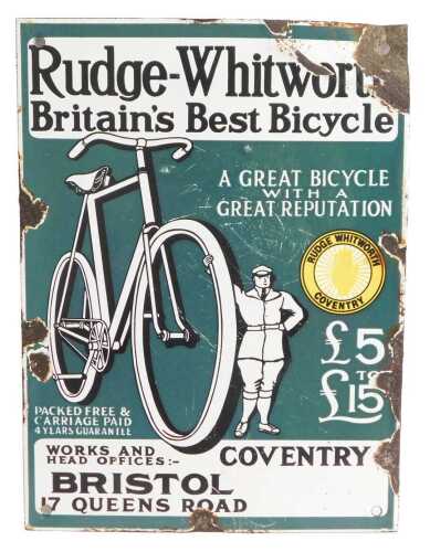 A Rudge-Whitworth enamel advertising sign, Britain's Best Bicycle, teal ground with white...