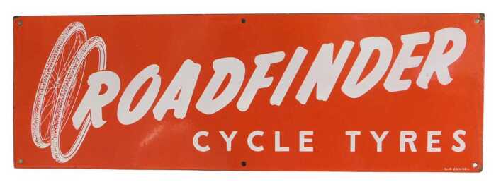 A ROADFINDER CYCLE TYRES enamel advertising sign, red ground, white lettering, 21cm x 61cm. (AF)