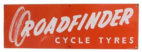 A ROADFINDER CYCLE TYRES enamel advertising sign, red ground, white lettering, 21cm x 61cm. (AF)