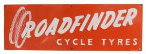 A ROADFINDER CYCLE TYRES enamel advertising sign, red ground, white lettering, 21cm x 61cm. (AF)