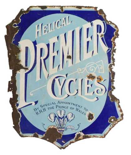 A HELICAL PREMIER CYCLES enamel advertising sign, of shield form, BY SPECIAL APPOINTMENT TO...