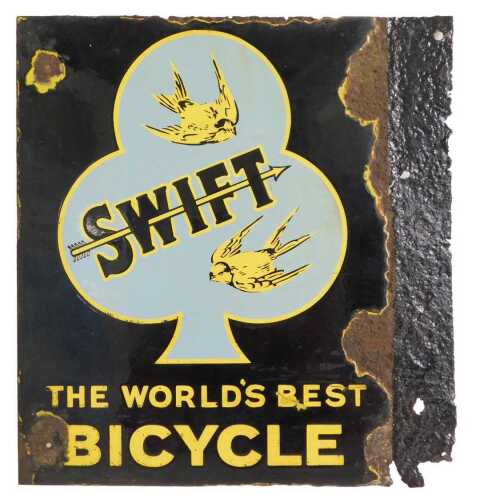 A SWIFT enamel advertising sign, THE WORLD'S BEST BICYCLE, with spade light blue motif and...