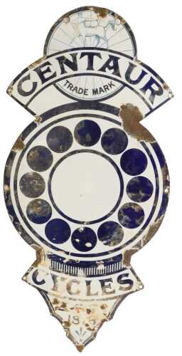 A CENTAUR CYCLES enamel advertising sign, formed as the Centaur crest, dated 1876, white ground...