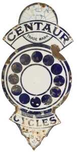 A CENTAUR CYCLES enamel advertising sign, formed as the Centaur crest, dated 1876, white ground...