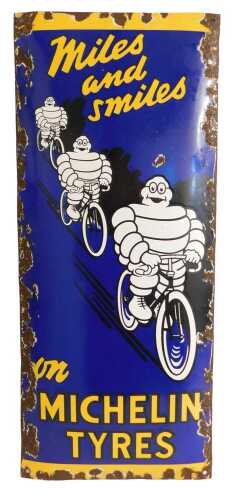 A MICHELIN TYRES enamel advertising sign, Miles and Smiles on MICHELIN TYRES, depicting three...