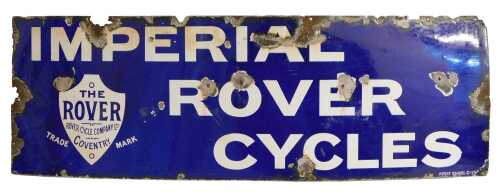 An IMPERIAL ROVER CYCLES enamel advertising sign, bearing the Rover crest for Coventry, royal...